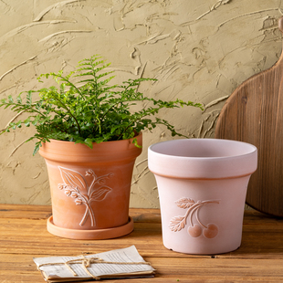 复古做旧浮雕红陶花盆花园庭院阳台透气陶土盆绿植素烧陶瓷泥瓦盆