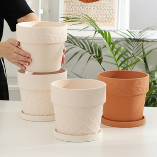 米白色水波纹陶土花盆客厅阳台庭院花园蝴蝶兰绿植素烧陶瓷红陶盆