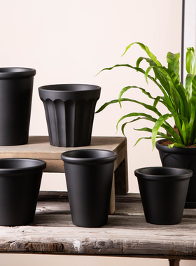 哑光黑色陶土盆家用阳台客厅庭院高瘦兰花盆透气红陶花盆带托盘