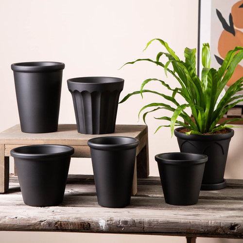 哑光黑色陶土盆家用阳台客厅庭院高瘦兰花盆透气红陶花盆带托盘