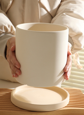 简约素烧陶瓷花盆绿萝多肉盆栽白色粗陶土盆兰花大号口径带托盘