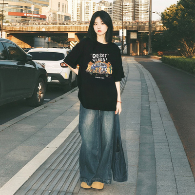 美式黑色短袖t恤女纯棉上衣服男