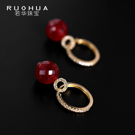 若华珠宝丹歌 大颗粒红宝石耳环女18K金耳圈彩宝耳饰一款多戴定制