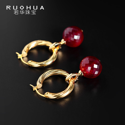 若华鸽血红宝石耳环18K金