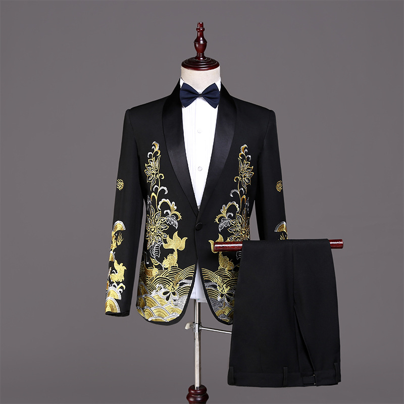 2021新款中式礼服男士修身西服套装舞台主持人演出服司仪刺绣服装
