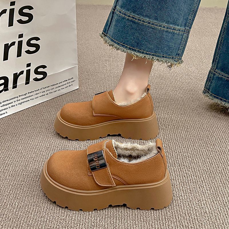 松糕厚底增高加绒加厚博肯棉鞋女款2025冬季新款复古一脚蹬乐福鞋