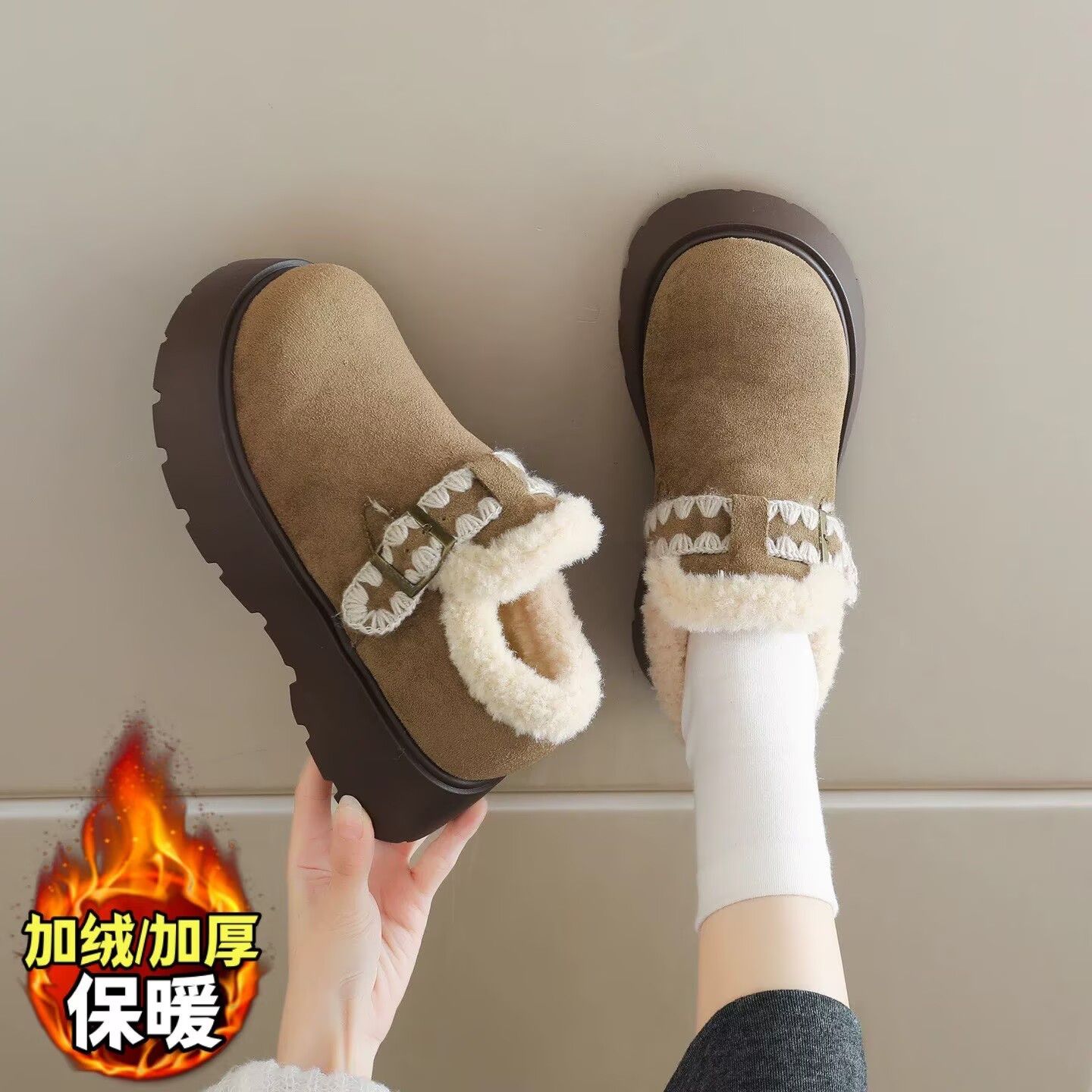 加绒勃肯鞋女款2025新款冬季爆款保暖毛毛棉鞋34码厚底乐福雪地靴