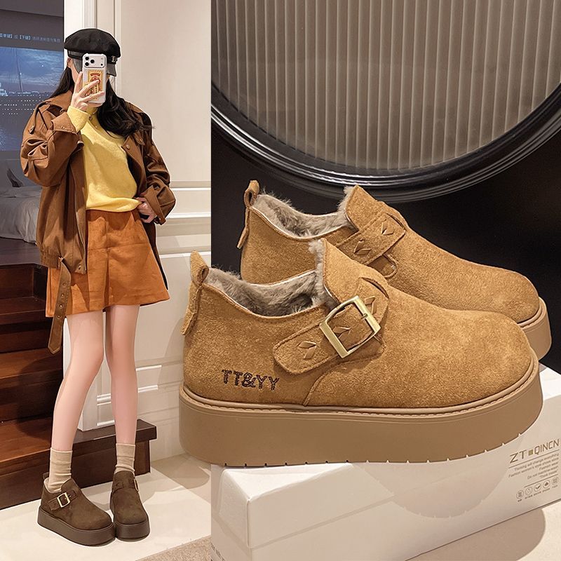 厚底加绒勃肯鞋女款2025冬季新款魔术贴孕妇休闲一脚蹬棉鞋大码41