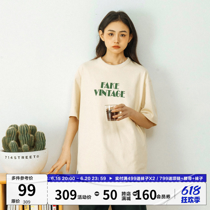 714street复古印花情侣装宽松短袖t恤男女夏季复古纯棉半袖体恤