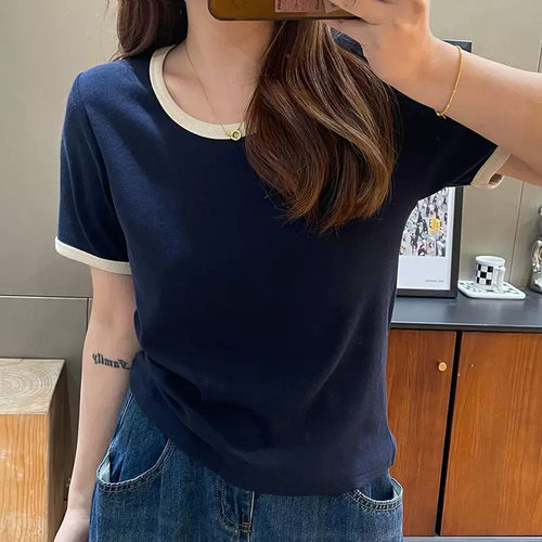 水滴U领正肩短袖t恤女女宽松显瘦