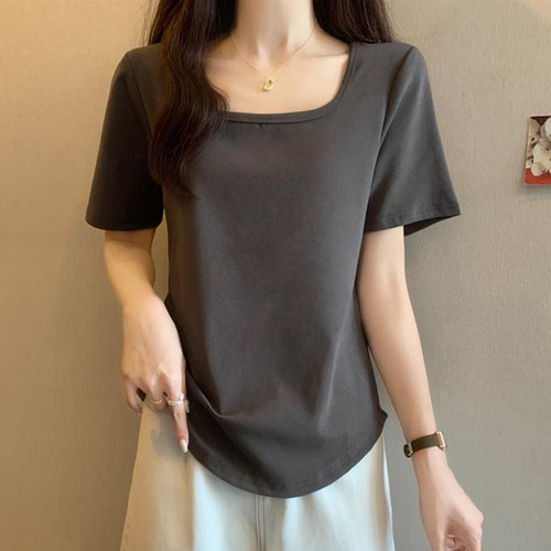 正肩方领短袖T恤女夏季微胖mm大码女装宽松显瘦纯色气质百搭上衣