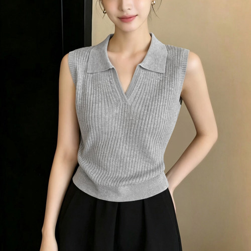 竖坑条针织背心女外穿可内搭打底2026夏季新款polo翻领无袖上衣女