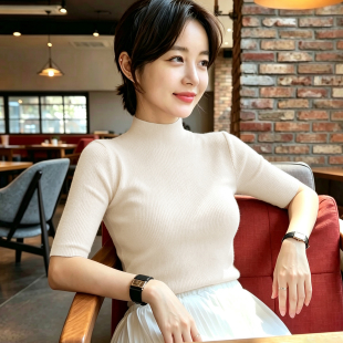 半高领中袖上衣女款爆款2026新款修身显瘦百搭五分袖打底针织衫女
