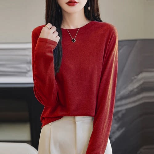 羊毛打底衫春秋薄款毛衣女修身长袖圆领针织衫显瘦百搭气质上衣
