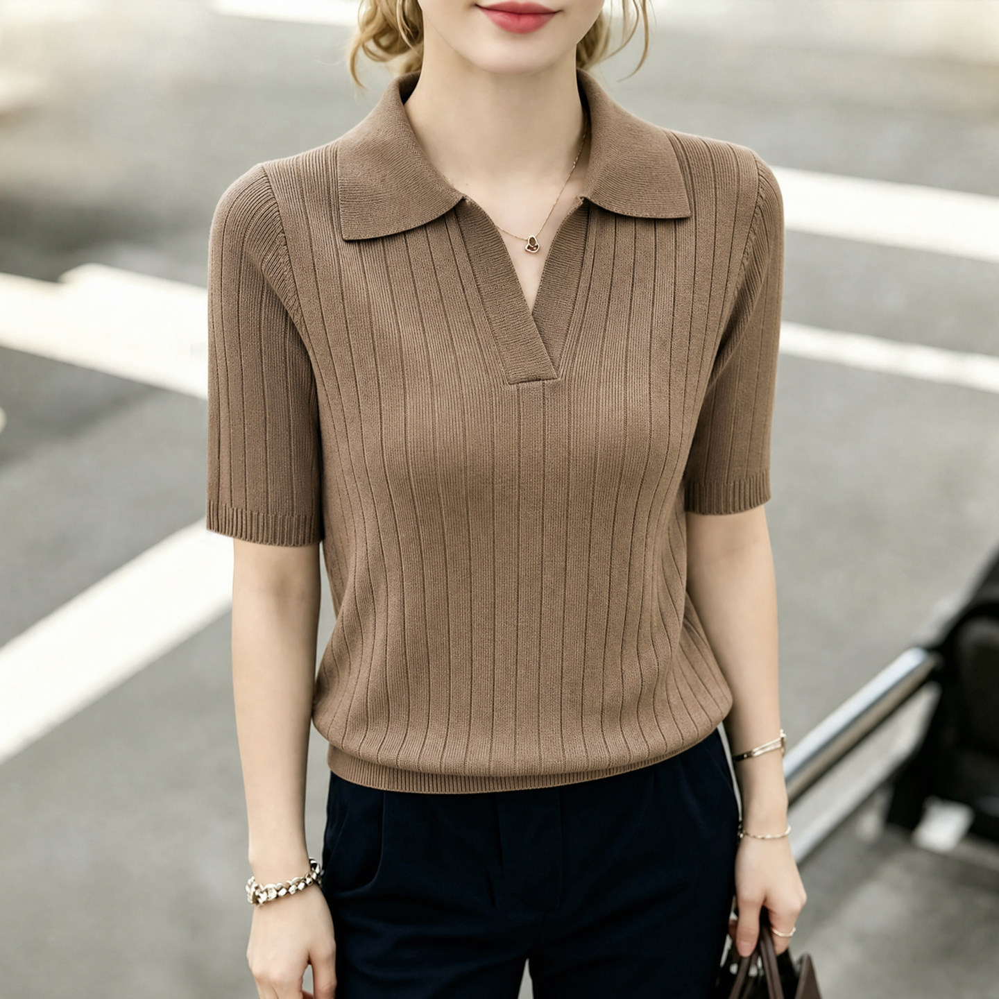 美利诺羊毛针织衫女2026年流行款女装上衣修身显瘦百搭中袖polo衫