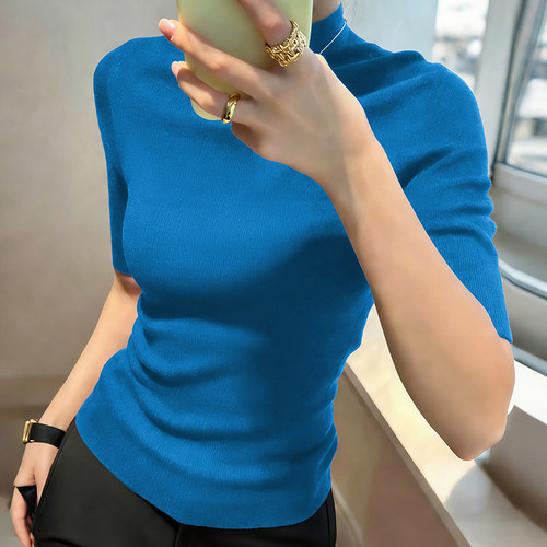 2026春秋新款女装时尚半高领五分袖针织衫女修身显瘦中袖天丝上衣