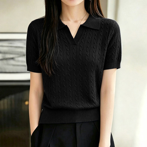 莱赛尔天丝夏季2026流行新款女上衣洋气减龄百搭polo领短袖针织衫