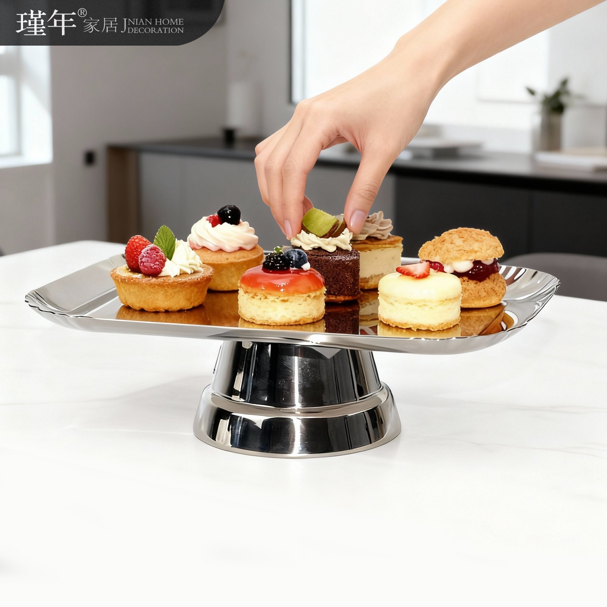 不锈钢糕点长托盘现代轻奢胡桃木收纳盘酒店餐厅高级感茶盘装饰盘