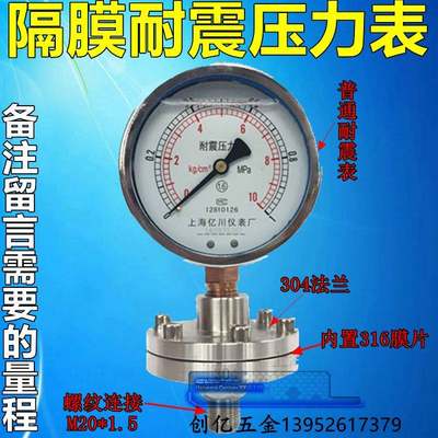 YNTP-100BF 1Mpa 全不锈钢隔膜压力表 耐震隔膜表 不锈钢压力表