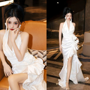 法式新娘订婚轻婚纱白色前短后长小拖尾婚纱晨袍生日宴会鱼尾礼服
