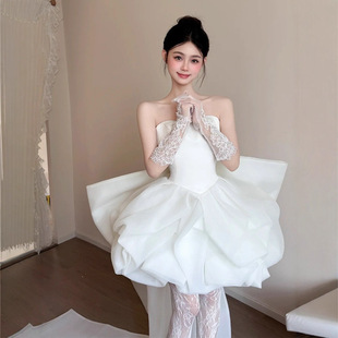 法式轻婚纱小个子晨袍礼服女2026新款抹胸宴会迎宾蓬蓬订婚礼服裙