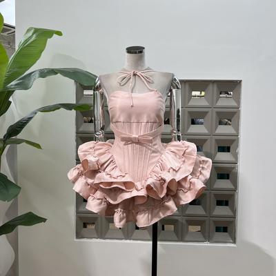 三次元少女感绑带蛋糕蓬蓬连衣裙鱼骨收腰派对礼服配同色南瓜短裤