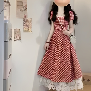法式 甜美风气质红色格子连衣裙女夏季 独特绝美收腰显瘦a字短裙子