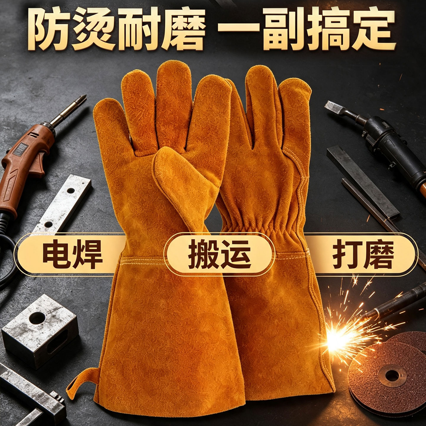 牛皮电焊手套焊工隔热防烫耐磨加厚搬运维修劳保耐高温防护手套
