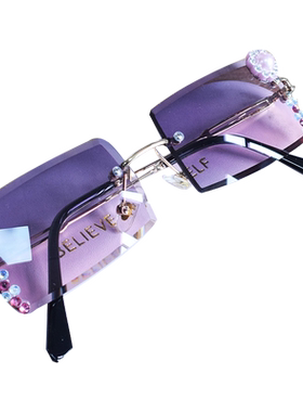 方形小框镶钻太阳镜女圆脸小脸 2021新款花朵无框墨镜女