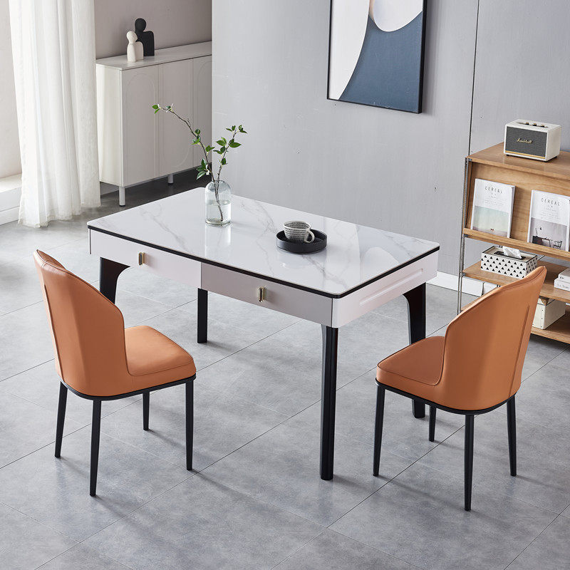 现代简约实木岩板餐桌椅组合带储物抽屉家用长方形玉晶石吃饭桌子