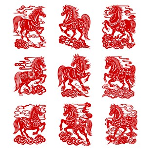 马年剪纸图样9张马踏祥云手工刻纸底稿图案春节窗花图样打印底稿