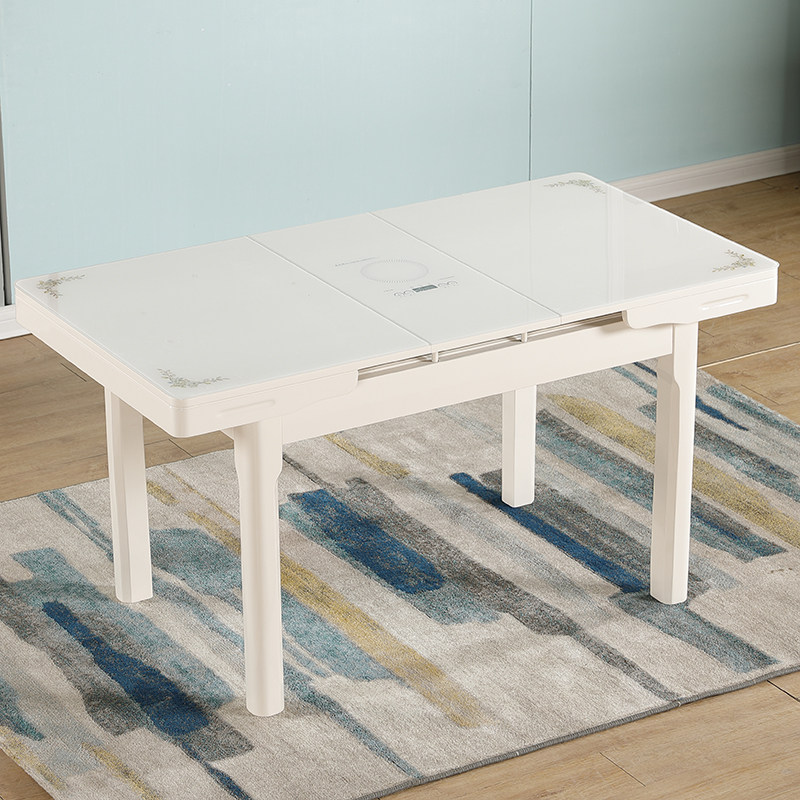 伸缩餐桌小户型家用现代简约白色烤漆抽拉式桌椅组合钢化玻璃饭桌