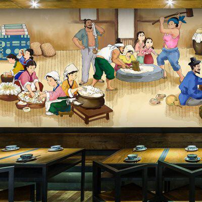 立体手绘传统韩国人物墙纸壁画烧烤烤肉炸鸡啤酒韩式泡菜年糕壁纸
