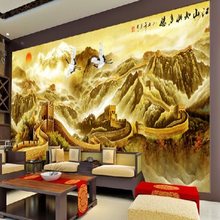 中式3d立体电视背景墙纸国画万里长城山水风景壁纸迎客松壁画墙布