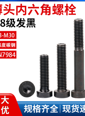 8.8级黑色薄头内六角螺丝M3M4M5M6M8M10M30矮头内六角螺钉DIN7984