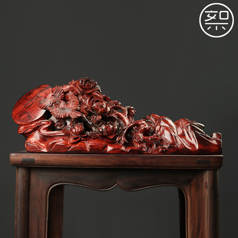 絮旧花开富贵摆件印度小叶紫檀木雕工艺品家居饰品复古中国风中式