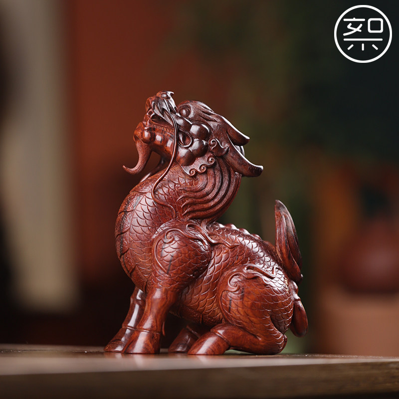 絮旧 麒麟摆件 印度小叶紫檀木雕工艺品手工雕刻件家用复古中国风