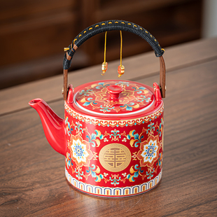 喜庆提梁壶家用喜事泡茶壶结婚敬茶大号红色珐琅彩婚用品单壶中式