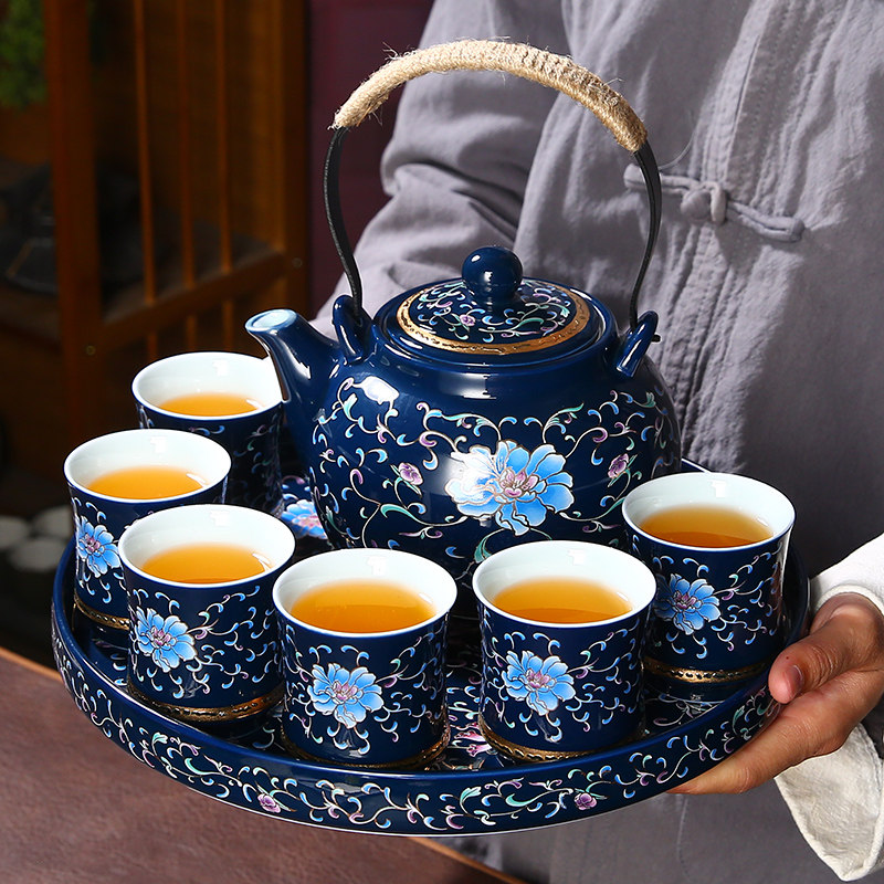 陶瓷珐琅彩功夫茶具套装家用送礼国潮风青花大号提梁茶壶茶杯整套,餐饮具,功夫茶具,淘宝优惠券,粉丝福利购,淘宝优惠卷
