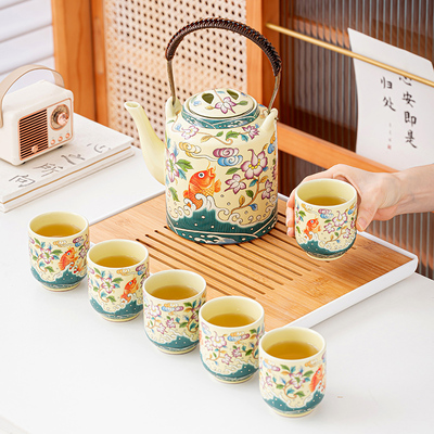 珐瑯彩桥壶功夫茶具陶瓷家用办公汝窑大容量提梁茶壶茶杯一套高档