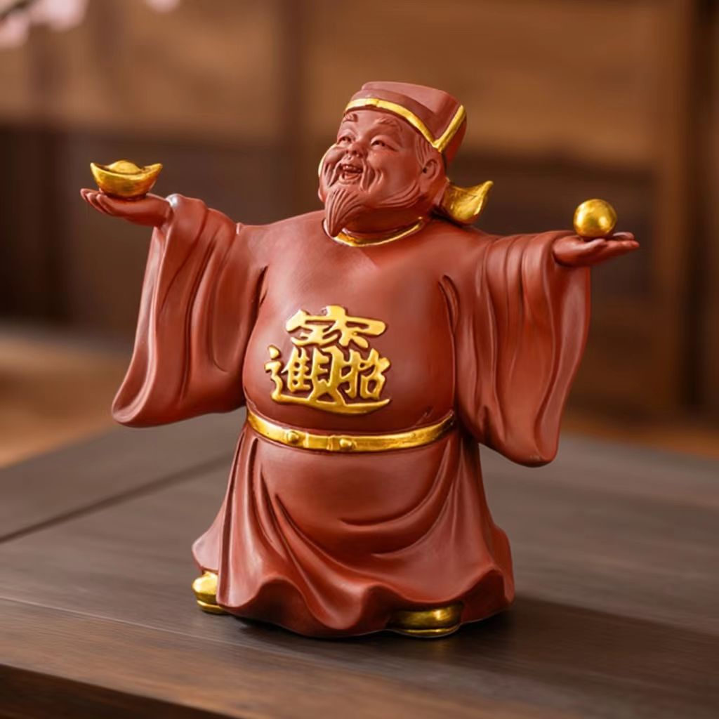 紫砂财神爷桌面摆件招财进宝紫泥朱泥茶几装饰精品高级感创意描金