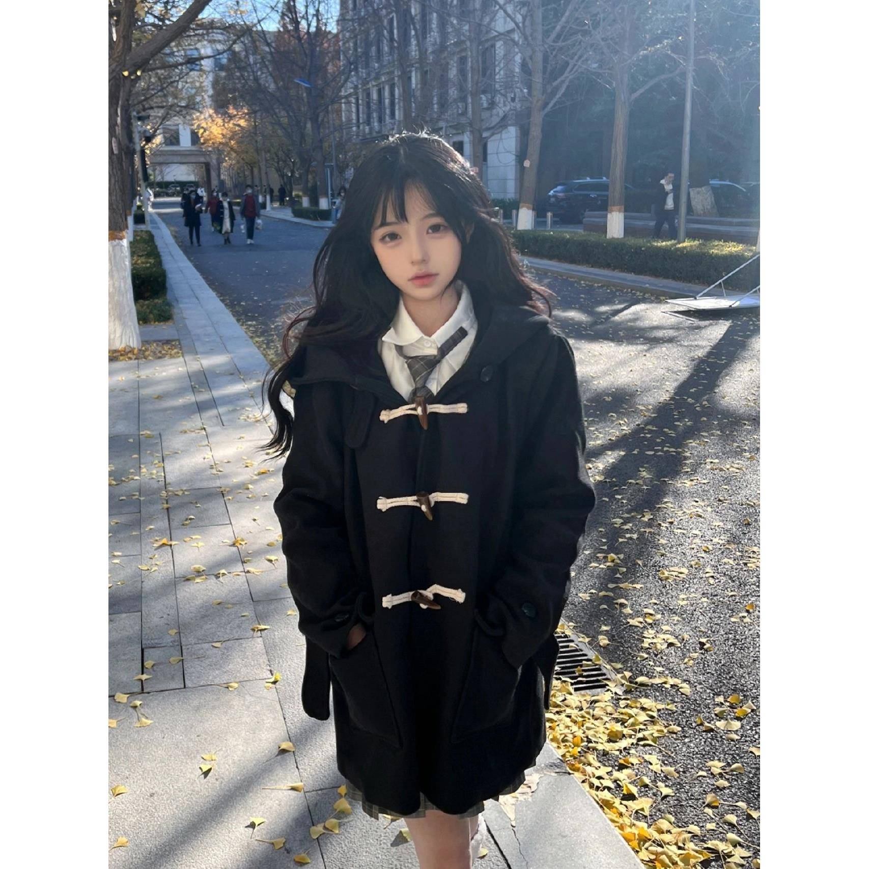 黑色牛角扣羊绒大衣女连帽2025秋冬新款韩系jk加厚小个子毛呢外套