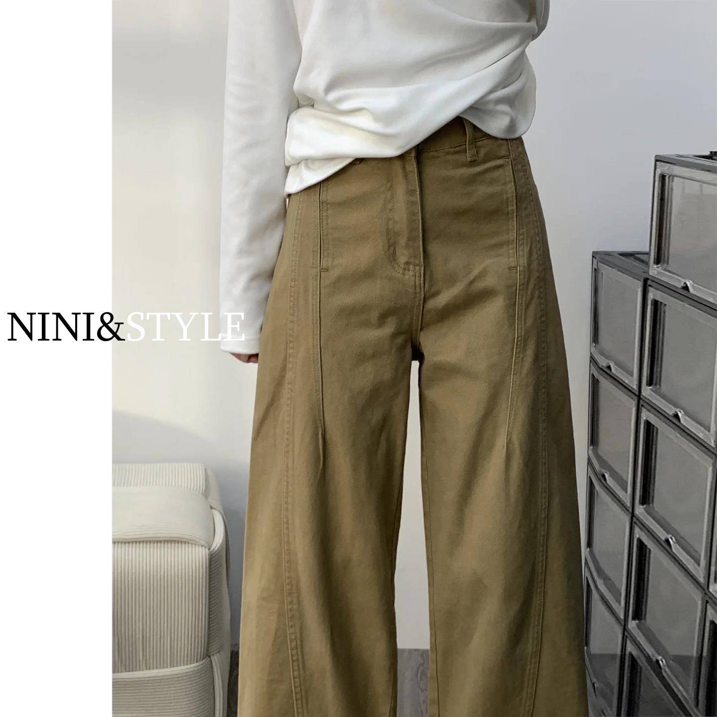 卡其色阔腿弯刀牛仔裤女2025秋季新款高腰宽松垂感小个子直筒裤子