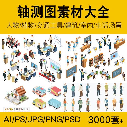 室内建筑植物轴测图素材AI PS轴测人物交通工具家具活动餐厅场景