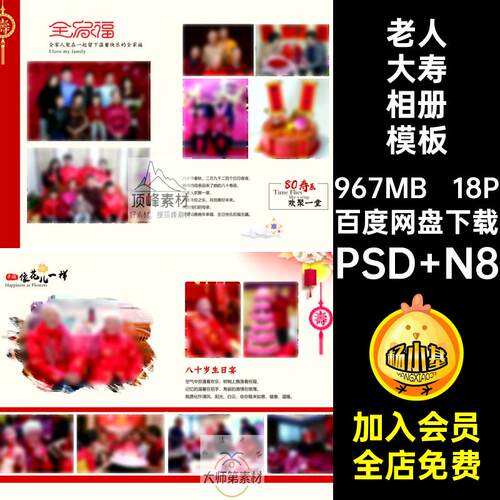 老人大寿相册模板PSD N8岁寿宴排版设计素材竖18Pps生日八十n模板
