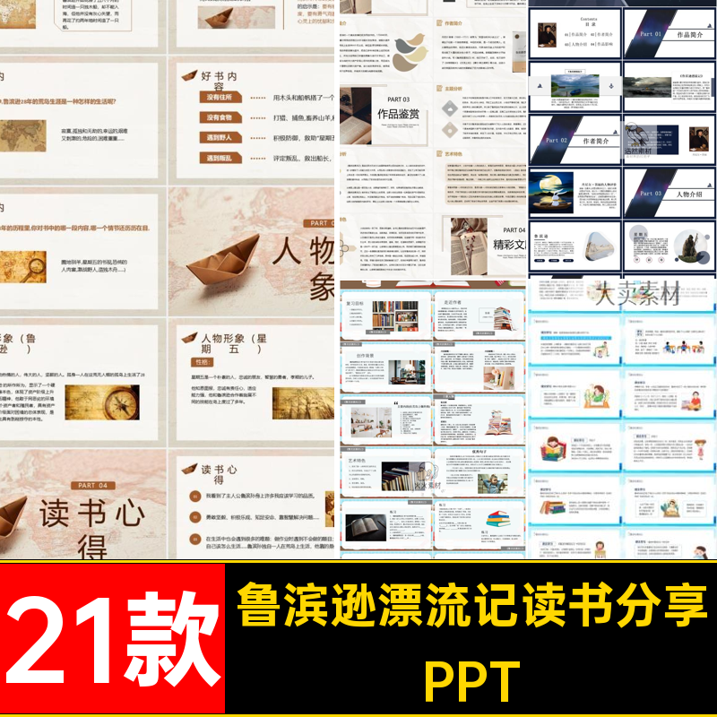 鲁滨逊漂流记读书分享经典文学赏析模板会名著读后PPT课件阅读