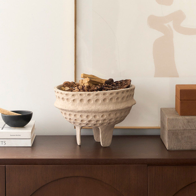 印度进口手工纸浆三足形高脚蜂窝纹花器花盆装饰碗果盘侘寂风摆件,家居饰品,花瓶,淘宝优惠券,粉丝福利购,淘宝优惠卷