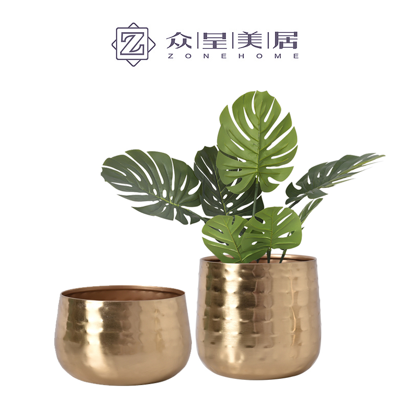 现代金色金属花盆意式新亚洲风格阳台花架摆件样板房玄关果盘花器