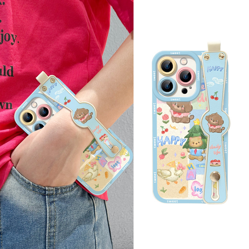 赏花小狗适用苹果15promax手机壳iPhone14/13创意腕带12mini支架11promax液态硅胶xs/xr全包防摔7/8p女保护套