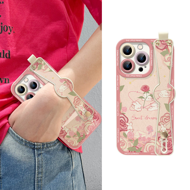 玫瑰小兔适用iphone15pro手机壳苹果14新款腕带13/12mini创意支架xs/xr全包镜头7/8plus液态硅胶max女保护套
